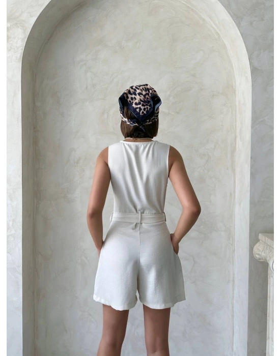 Kuşaklı şortlu tulum
