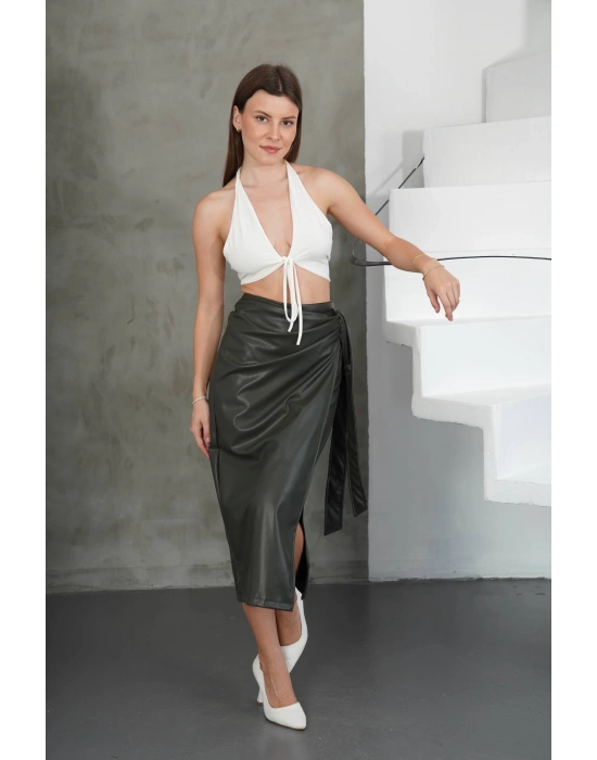 Kuşaklı uzun deri etek haki h26414