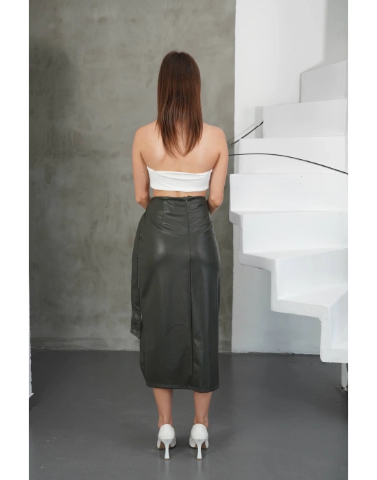 Kuşaklı uzun deri etek haki h26414