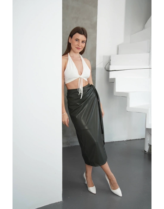 Kuşaklı uzun deri etek haki h26414