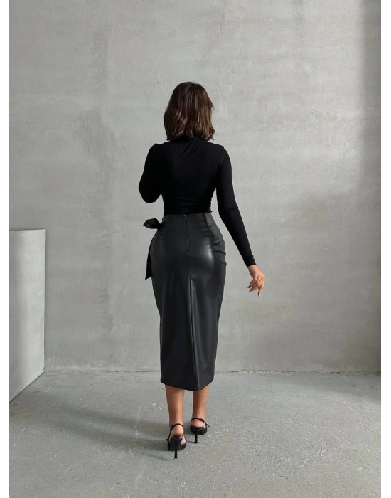 Kuşaklı uzun deri etek siyah h26414