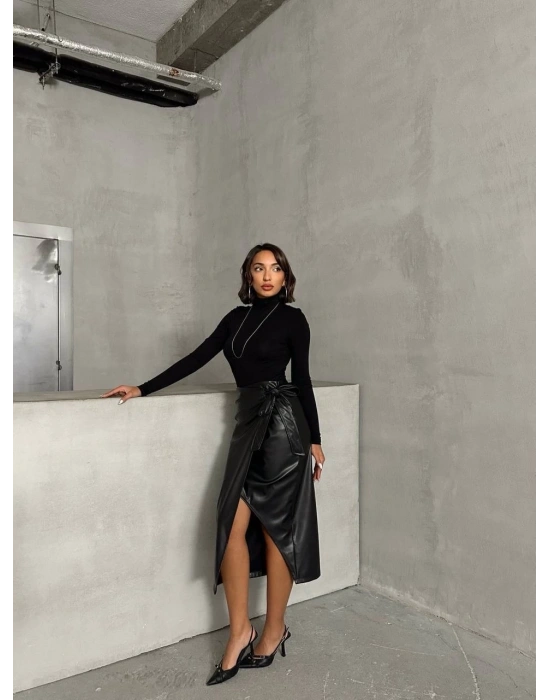 Kuşaklı uzun deri etek siyah h26414