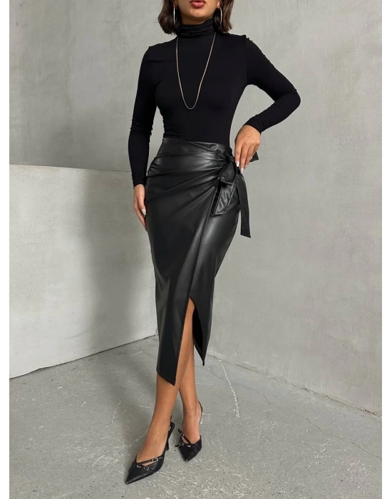 Kuşaklı uzun deri etek siyah h26414