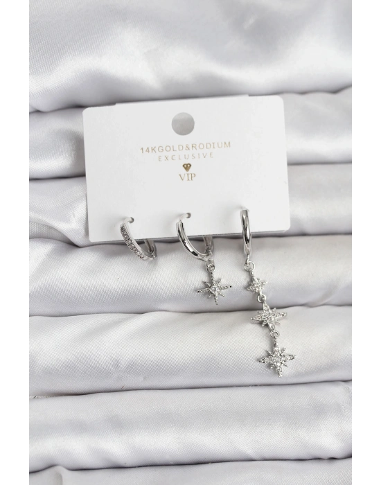 Kutup Yıldızı Model Gümüş Renk Pirinç 3lü Kadın Küpe Seti