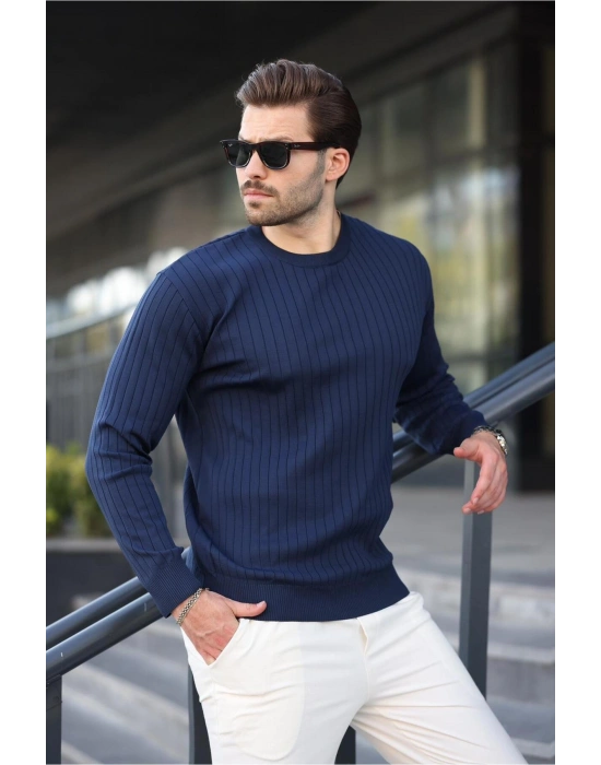 Lacivert Bisiklet Yaka Çizgili Uzun Kollu Kazak E7273