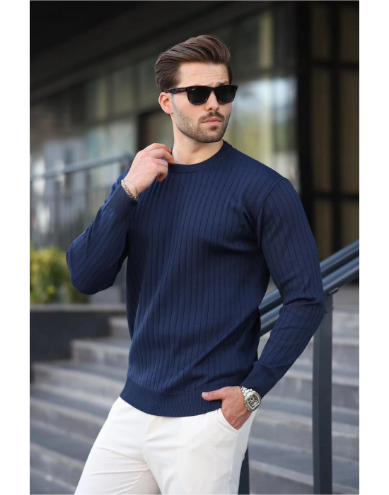 Lacivert Bisiklet Yaka Çizgili Uzun Kollu Kazak E7273