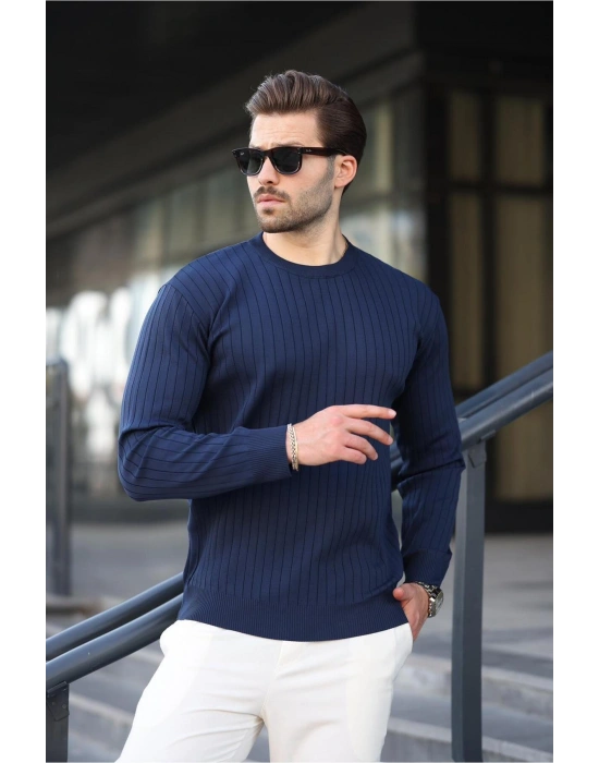 Lacivert Bisiklet Yaka Çizgili Uzun Kollu Kazak E7273