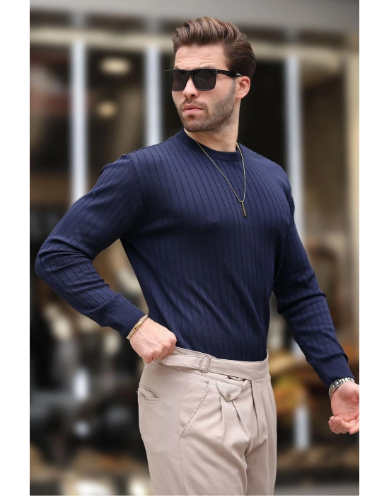 Lacivert Bisiklet Yaka Çizgili Uzun Kollu Kazak E7273