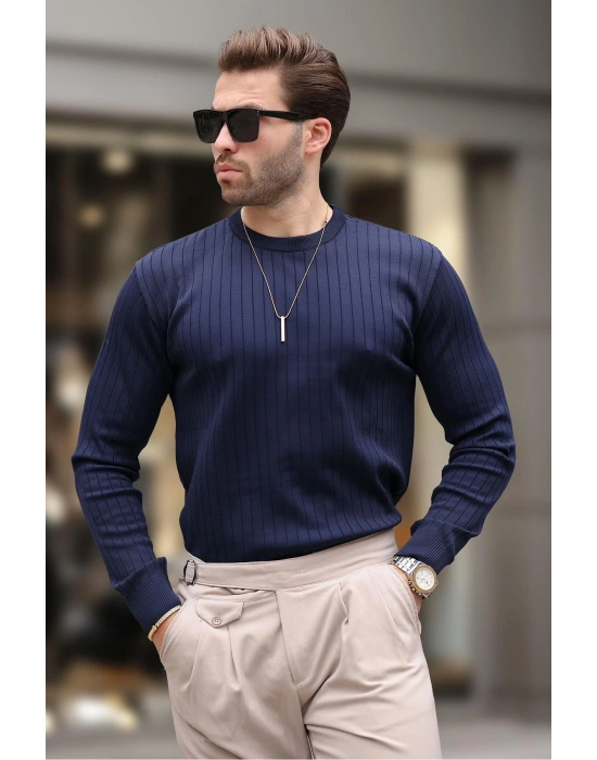 Lacivert Bisiklet Yaka Çizgili Uzun Kollu Kazak E7273