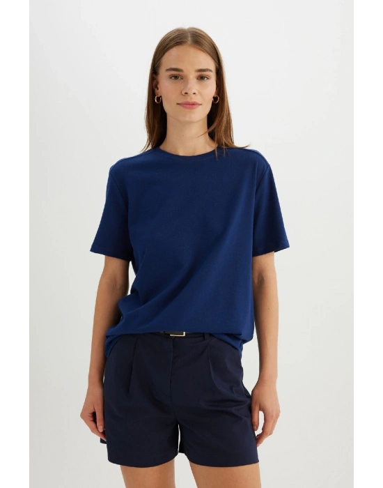 Regular Fit Bisiklet Yaka Casual Premium Basic Düz Kısa Kollu Tişört Lacivert