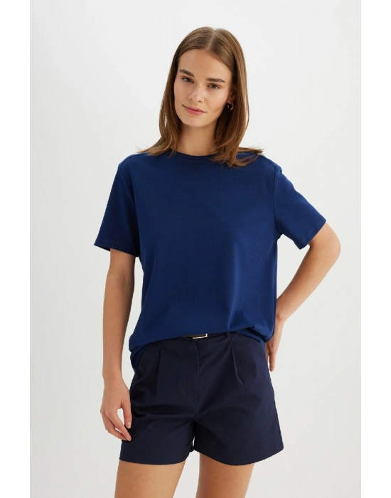 Regular Fit Bisiklet Yaka Casual Premium Basic Düz Kısa Kollu Tişört Lacivert