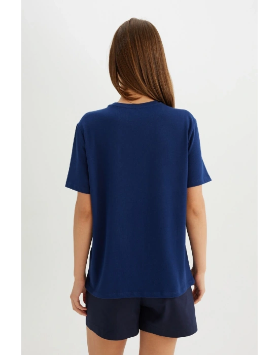 Regular Fit Bisiklet Yaka Casual Premium Basic Düz Kısa Kollu Tişört Lacivert