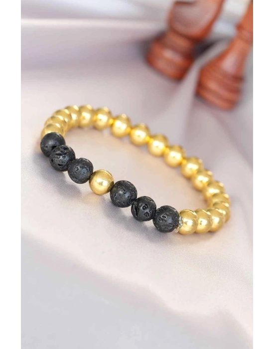 Lav Doğal Taş Detaylı Hematit Gold Renk Erkek Bileklik