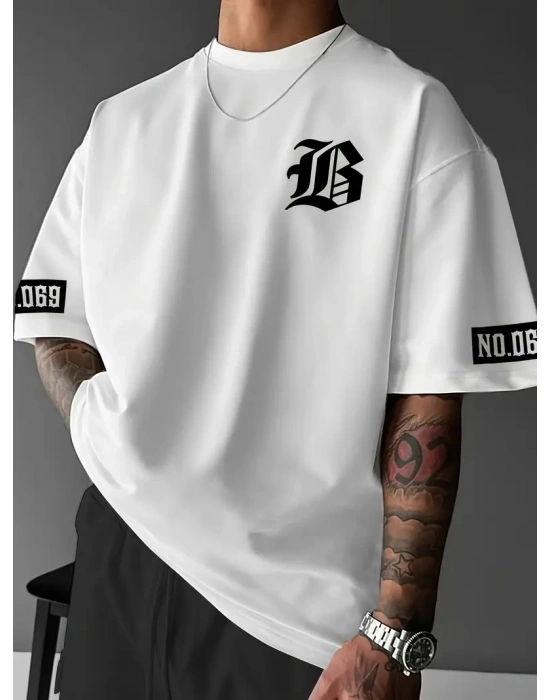 LB Baskılı Ön Arka Oversize Bisiklet Yaka Kısa Kol T-shirt - Beyaz