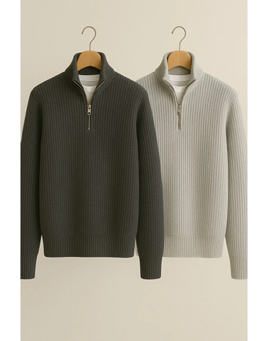 2 al 1 öde avantajlı set erkek selanik örme yarım fermuarlı kışlık kazak