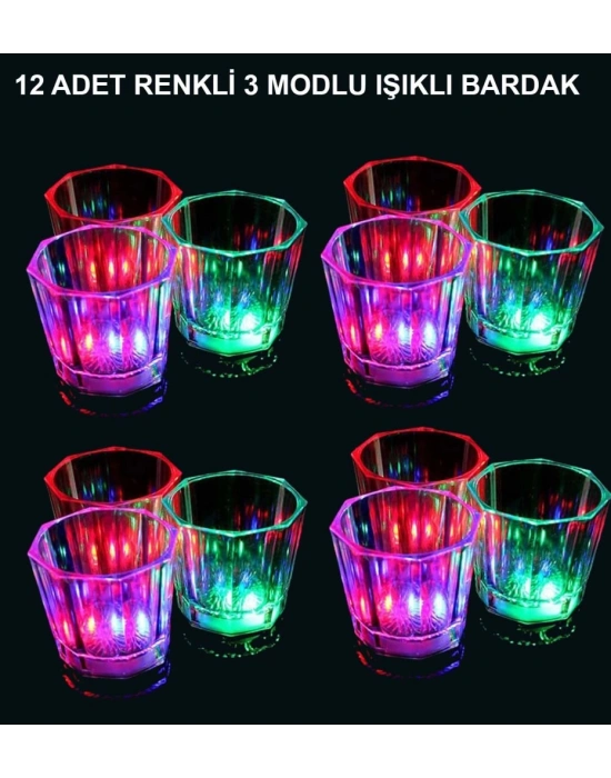 LED Işıklı Eğlence Bardakları - 3 Modlu Renk Değiştiren Bardak 12 Adet