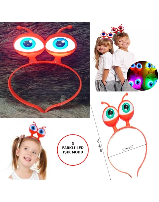 Led Işıklı & Pilli 3 Farklı Modda Yanan Uzaylı Göz Parti Tacı Kırmızı Renk 18x12 cm