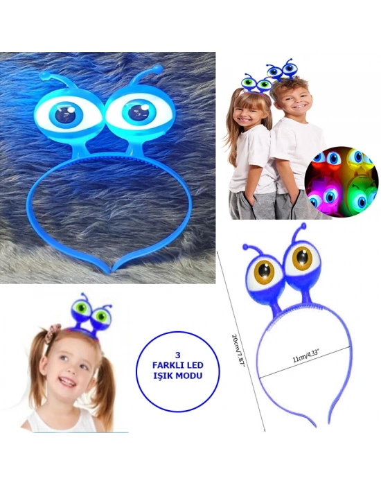 Led Işıklı & Pilli 3 Farklı Modda Yanan Uzaylı Göz Parti Tacı Mavi Renk 18x12 cm