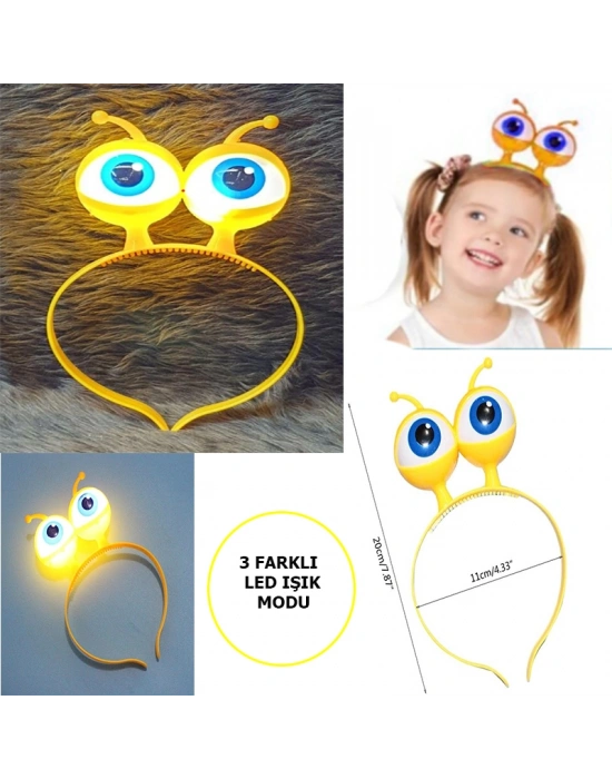 Led Işıklı & Pilli 3 Farklı Modda Yanan Uzaylı Göz Parti Tacı Sarı Renk 18x12 cm