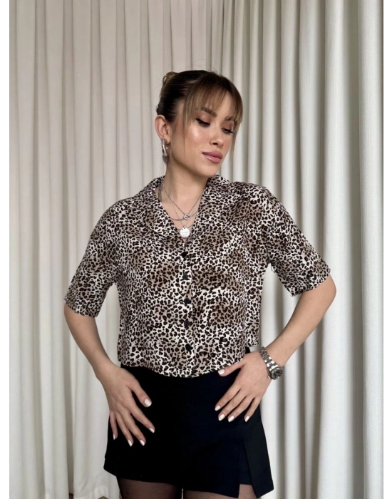 Leopar desenli crop gömlek