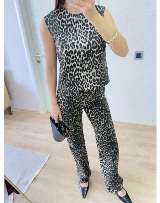 leopar desenli Düğmeli Bluzlu Pantolon İkili Takım -Leopar