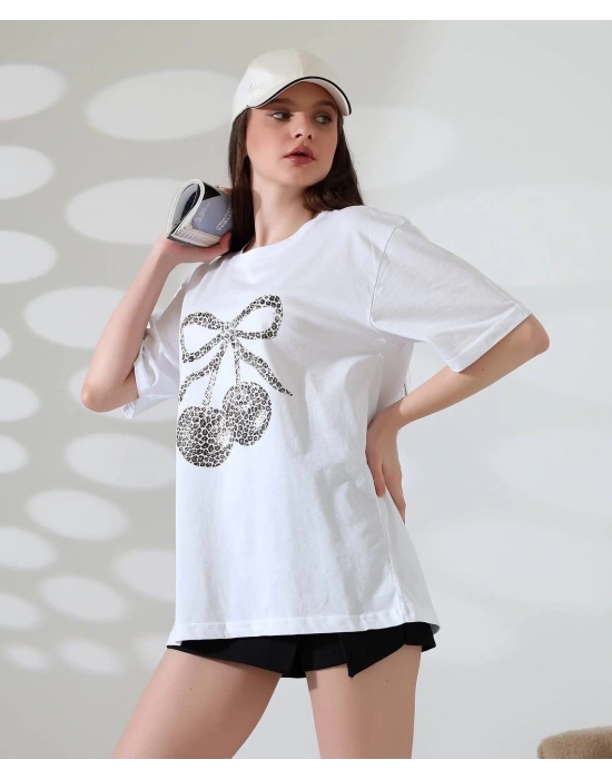 Leopar desenli kiraz baskılı tişört