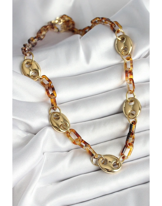 Leopar Desenli Mika Gold Renk Zincir Kadın Kolye