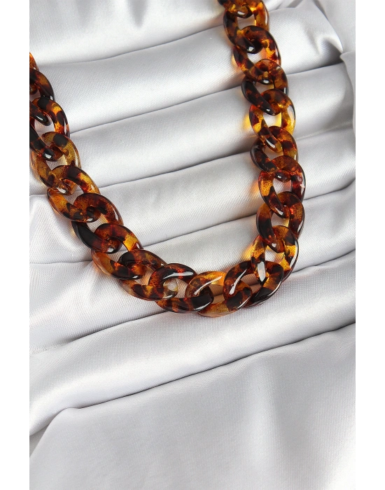 Leopar Desenli Mika Kalın Zincir Kadın Kolye