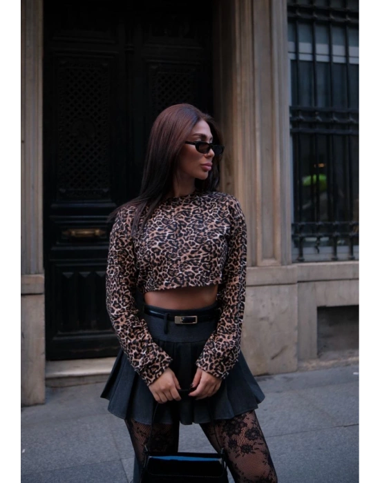 Leopar desenli Uzun Kollu Crop - Leopar