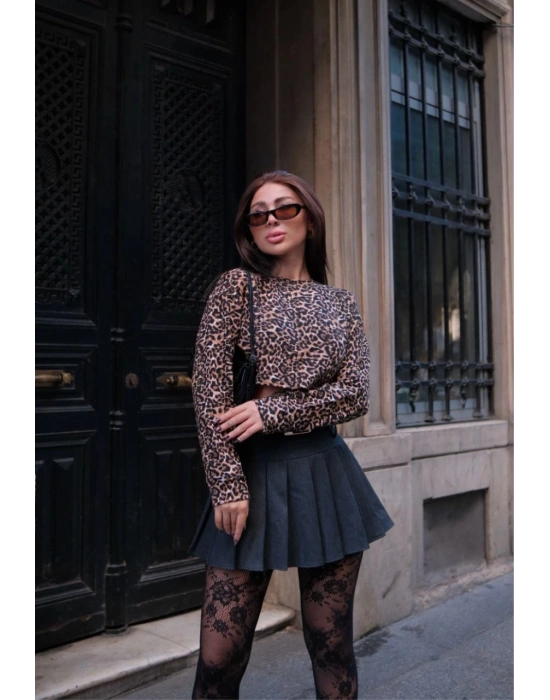 Leopar desenli Uzun Kollu Crop - Leopar