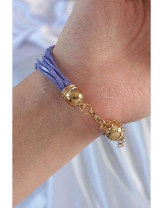 Lila Renk Zirkon Taşlı İpli Çoklu Bileklik