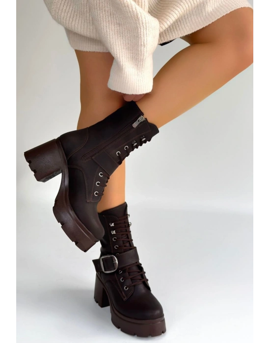 Linma Acı Kahve Cilt Bağcıklı Topuklu Bot