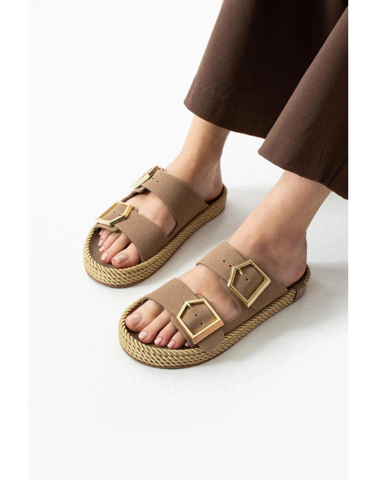 Loera Vizon Nubuk Çift Tokalı Terlik