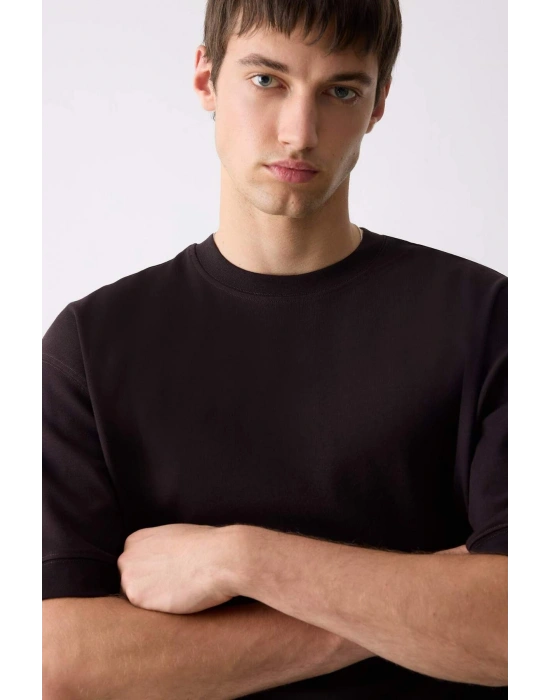 Loose Fit Bisiklet Yaka Kısa Kollu Ağır Kumaş Basic Düz Tişört