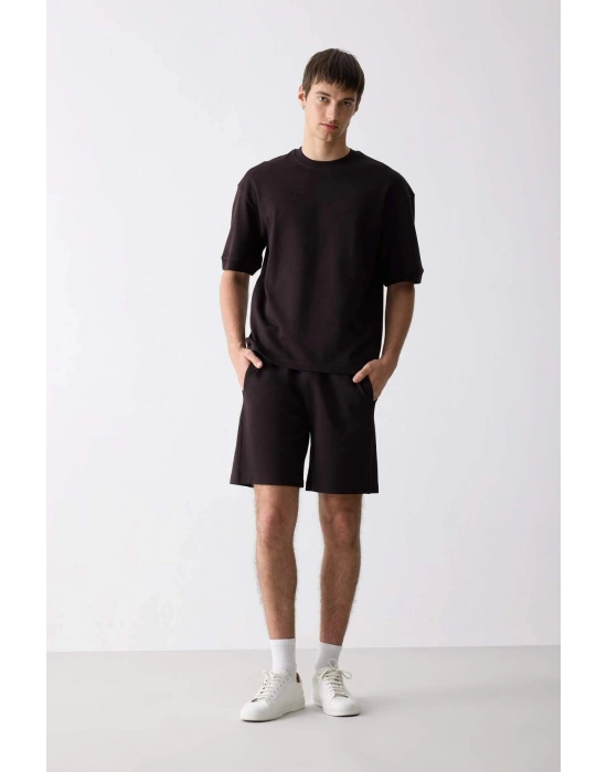 Loose Fit Bisiklet Yaka Kısa Kollu Ağır Kumaş Basic Düz Tişört