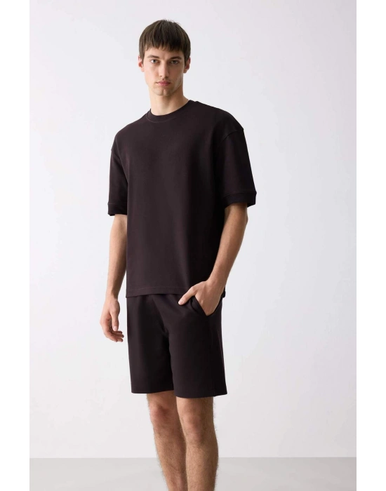 Loose Fit Bisiklet Yaka Kısa Kollu Ağır Kumaş Basic Düz Tişört