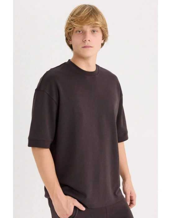 Loose Fit Bisiklet Yaka Kısa Kollu Ağır Kumaş Basic Düz Tişört