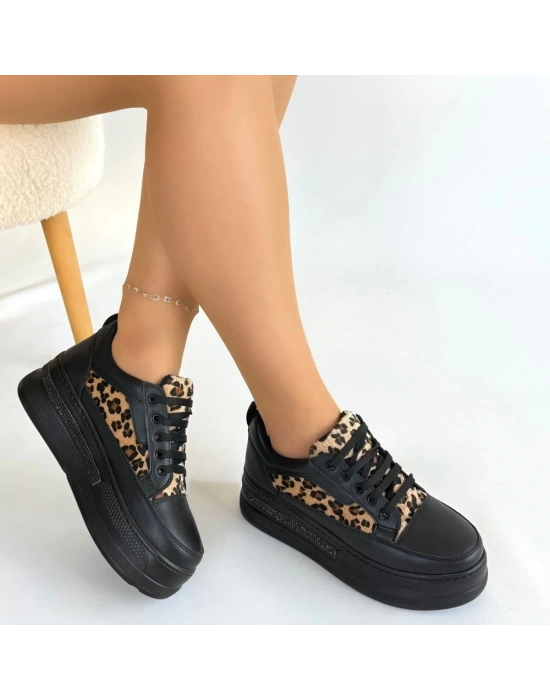 Lorrin Siyah Cilt Leopar Detaylı Bağcıklı Spor Ayakkabı