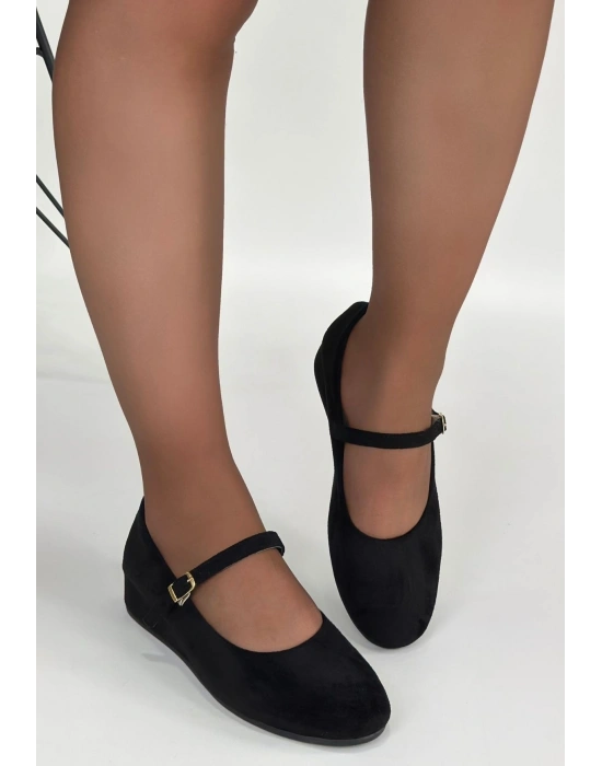 Lossa Siyah Süet Kemerli Babet Ayakkabı