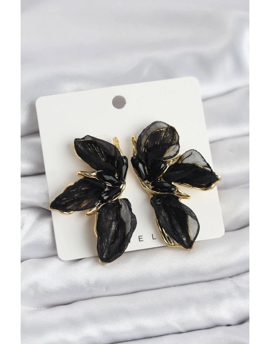 Lotus Model Siyah Renk Tüllü Kadın Küpe