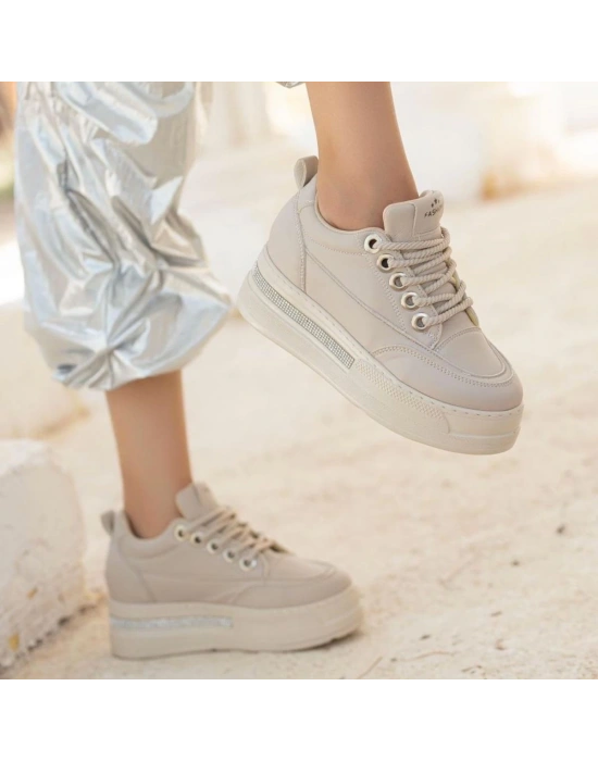 Lulu Bej Cilt Bağcıklı Spor Ayakkabı