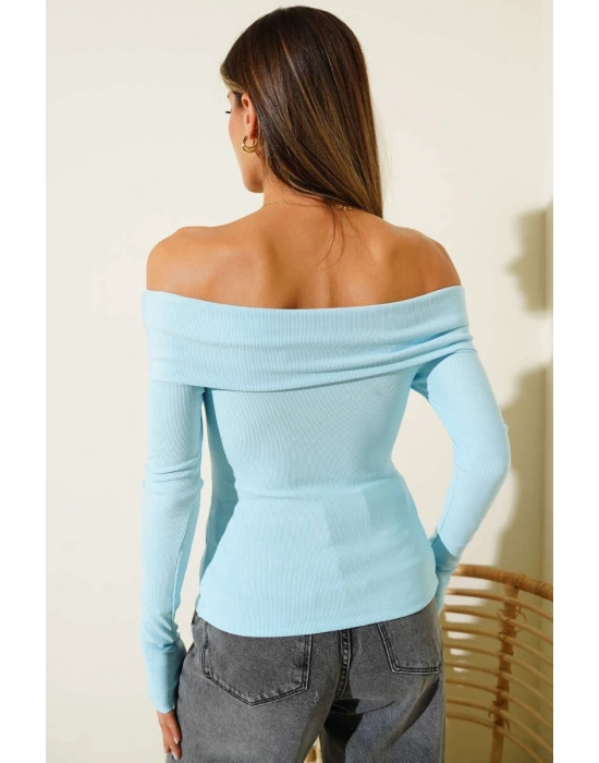 Madonna Yaka Düğmeli Bluz Mavi t4329