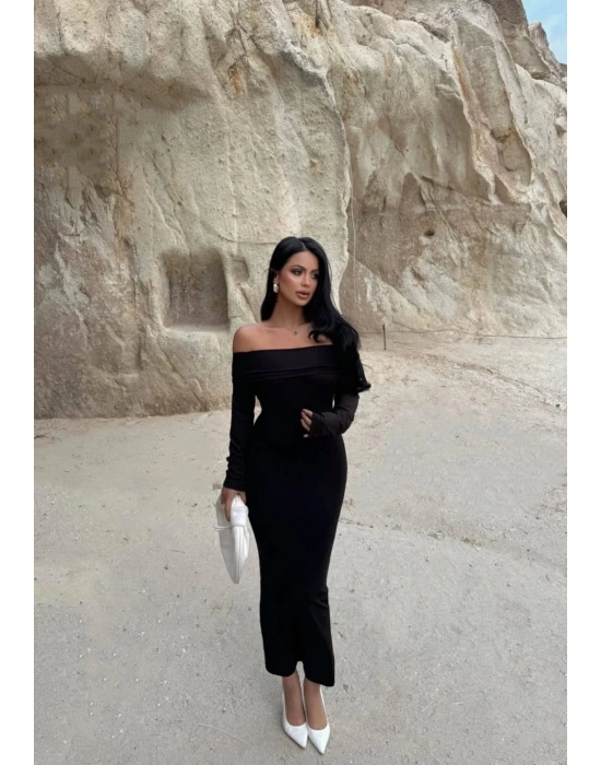 Madonna yaka esnek kumaş elbise siyah