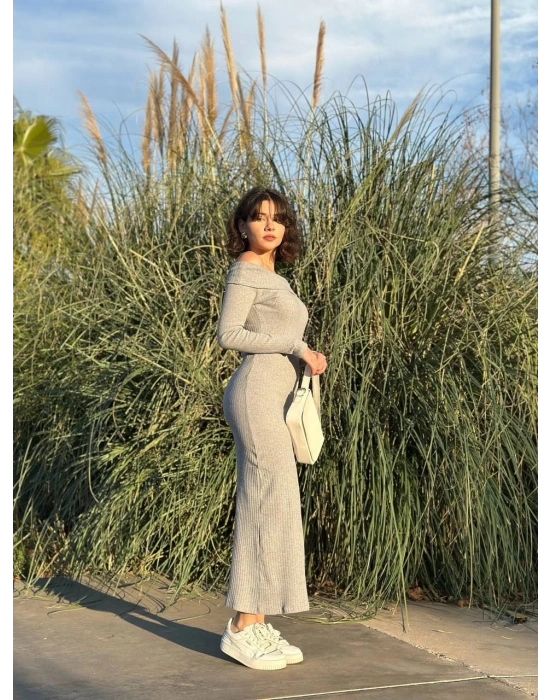 Madonna yaka uzun elbise şardonlu kumaş gri w3753