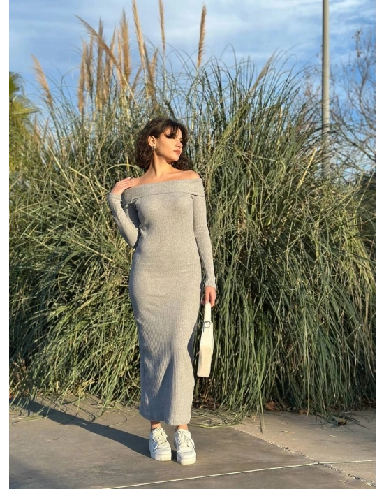 Madonna yaka uzun elbise şardonlu kumaş gri w3753