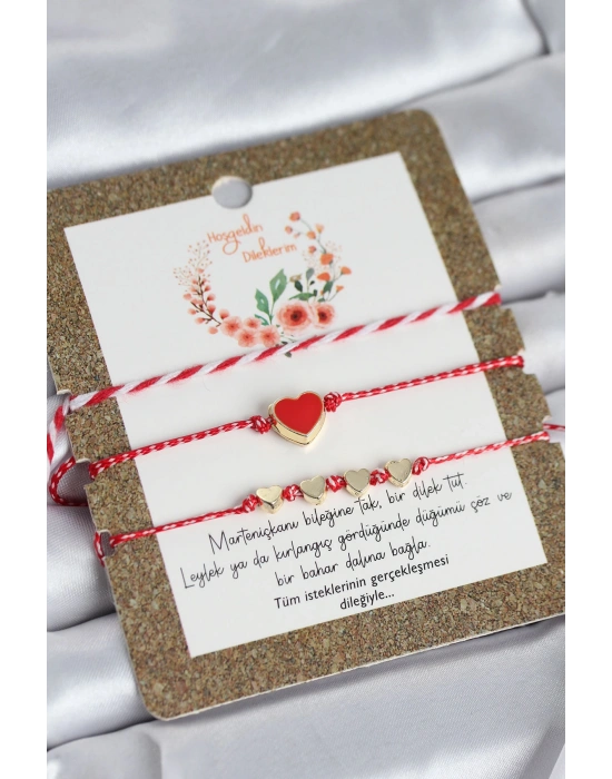 Marteniçka Bileklik 3lü Kırmızı Mineli Kalp Model
