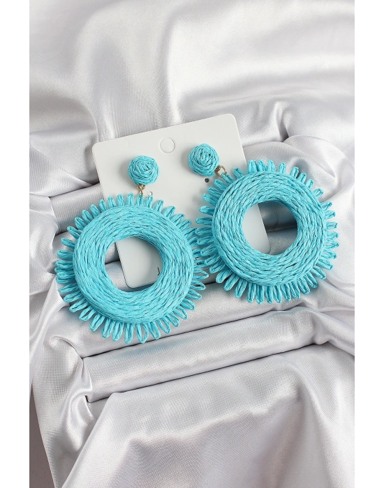 Mavi Püsküllü Halka Figürlü Hasır Örgü Model Gold Renk Kadın Küpe