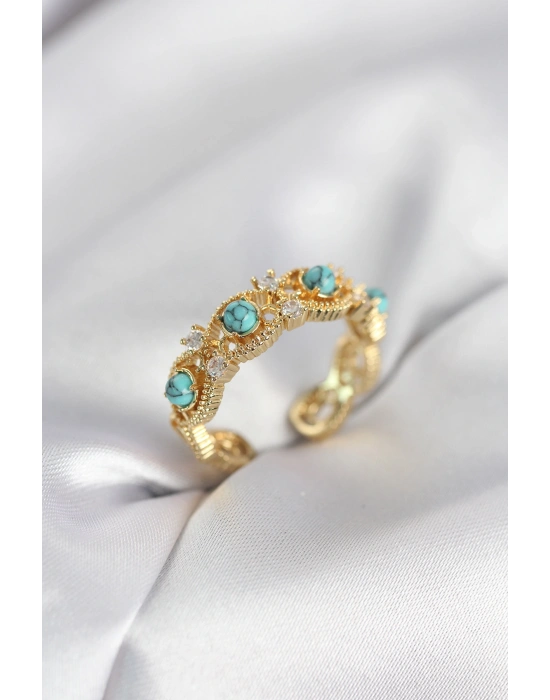 Mavi Taşlı Gold Renk Vintage Kadın Yüzük