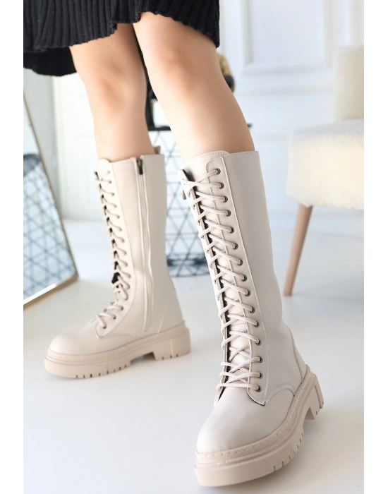 Mennd Bej Cilt Bağcıklı Çizme