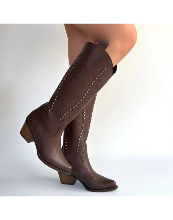 Meof Acı Kahve Cilt Topuklu Çizme